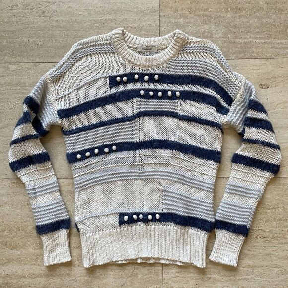 MADEWELL Women's Beige Blue Striped Cable Bobble Pullover Sweater‎ XS - Picture 1 of 6